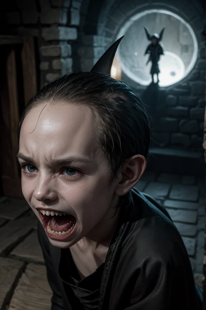 (good image quality) medieval ages, nosferatu, little boy, sharp teeth, monstrous face, alone, nighttime