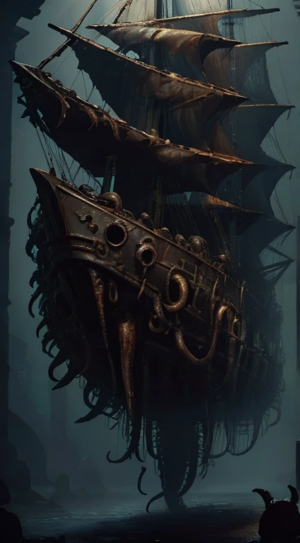 DavyJonesLockerStyle stingray engine, steampunk, wet, dripping, tentacle, (Masterpiece:1.3) (best quality:1.2) (high quality:1.1), a shark mimics as a pirate ship to capture humans. Mimicry. Mimic