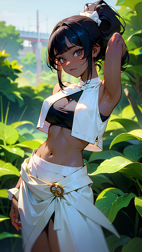 best quality, high detail, (detailed face), detailed eyes,((best quality, masterpiece)), ((1 dark skinned African girl)), radit costume, white cosplay Reddit crop top, large breasts, (arms at side:1.2), groin, hip bones, ponytail, blunt bangs, black hair, underboob, straight-on, standing, outdoors, looking at viewer,sexy pose,porno pose,hot,big , pusy