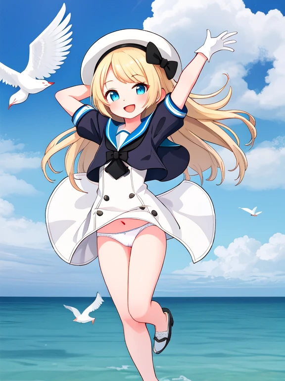 alone, one girl, jarvis, long hair, sailor hat, white sailor suit, cropped jacket, short sleeves, blonde, cute, happy, nice smile, young, bright sunlight, Full body image, Are standing, dance, (masterpiece:1.2), best quality, masterpiece, top quality, sea, warship, on a ship, seagulls, looking at viewer, shining eyes, panties, white panties