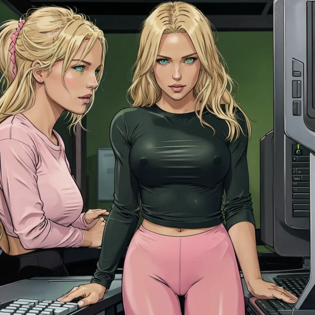 one person, sexy female blond character, green eyes, pink long-sleeve T-shirt, black leggings, playing on computer