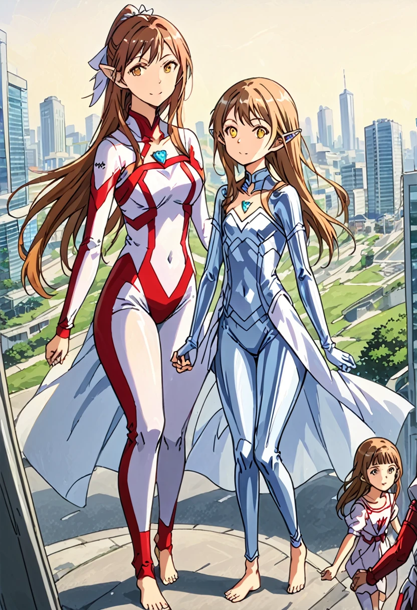 2girls, multiple girls, Two female characters,(mother and daughter:1.3), height difference, anime style, 4k quality, masterpiece, best quality, sword art online, "asuna is mother has height 150cm, pointy ears, elf, ear covers, medium breasts ","yui is daughter has height 120cm, pointy ears, elf, flat chest", high long ponytail, chrome hair, barefoot, collarbone, ultrawoman, ultragirl, bodysuit, shiny suit, tight suit, colored skin, glowing eyes, yellow eyes, giantess, giant, metallic face, metallic skin, shiny skin, chrome skin, gem on chest, colour timer on chest, chest jewel, blue jewel, muscular, thick_thighs, holding hands, full body, smile, closed mouth, standing, giantess, outdoor, city, citycape, skyscraper