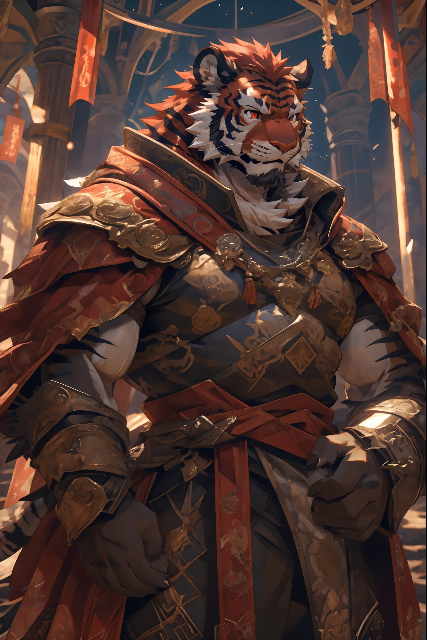 (赤红色tiger),(赤红流火Military commander战袍),(Holding a long sword),Awesome posture,Sitting quietly on the edge of the cliff,(The background is a city with bright lights.:1.2),Abdominal muscles,完美的masterpiece,Various facial details,Close-up view,specific description,masterpiece,cg,(Red eyes),Crimson pattern,Crimson tail,Military commander,Heroic,tiger,Crimson fur,Detailed facial details,),(Half Body),(Long feather),((middle aged)),(Face Focus:1.3),(16K),HD,Red and white abdomen,temple,beard,(Face lines),Heterochromia,(Red battle robe),(Crimson hair),Strong,muscle,(high resolution:1.3),