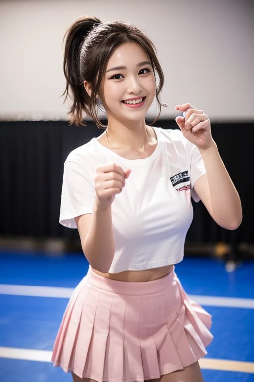 a gorgeous idol, age 18, wet white T-shirt, pleated pink mini-skirt, tired pose in a dance practice room, dimpled smile, cute snaggle-tooth, short bob hair or ponytail, photorealistic, beautiful detailed face, beautiful detailed eyes, ample round bosom, hyper-realism, high contrast, ultra HD, realistic skin textures, top image quality, top-quality, super high resolution, fine details, very meticulously, candid photo, head to thigh, night bokeh background