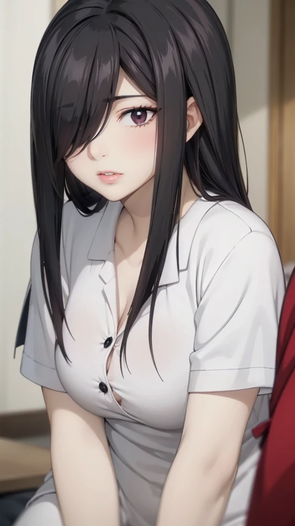 Cute mommy, mature women, realistic skin,perfect ,black hair, long hair, (hair over one eye:1.4), messy hair, hair between eyes, Sexy pajama, chubby,plump,fat,dense pubic hair, extreme pubic hair, Sexy lips, pucker lips,cute shy blush on