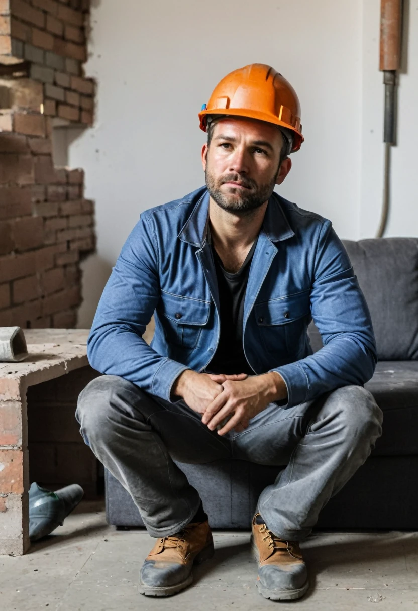RAW photo, full body, a 35-year-old man, ((dressed as a bricklayer)), is sitting on a guest sofa, looking towards the audience, wearing shoes, with both hands forward on his knees, straight forward position, wearing a safety helmet,