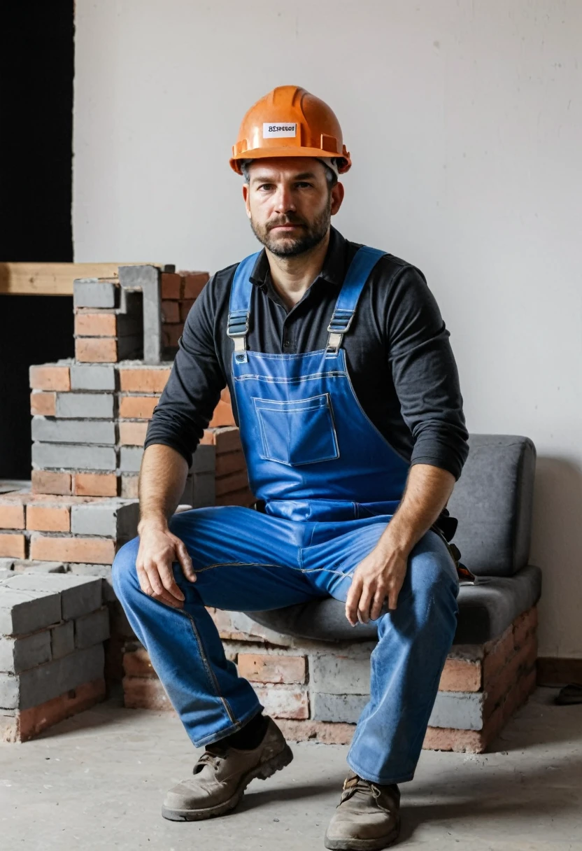 RAW photo, full body, a 35-year-old man, ((dressed as a bricklayer)), is sitting on a guest sofa, looking towards the audience, wearing shoes, with both hands forward on his knees, straight forward position, wearing a safety helmet,
