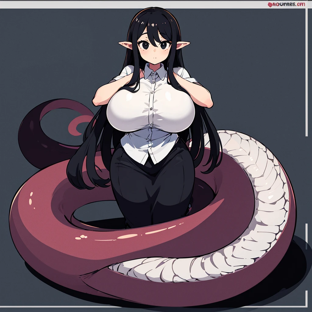 Highest quality, 1girl, solo, long black hair, black eyes, huge breasts, lamia, scales, white shirt, uniform, full body