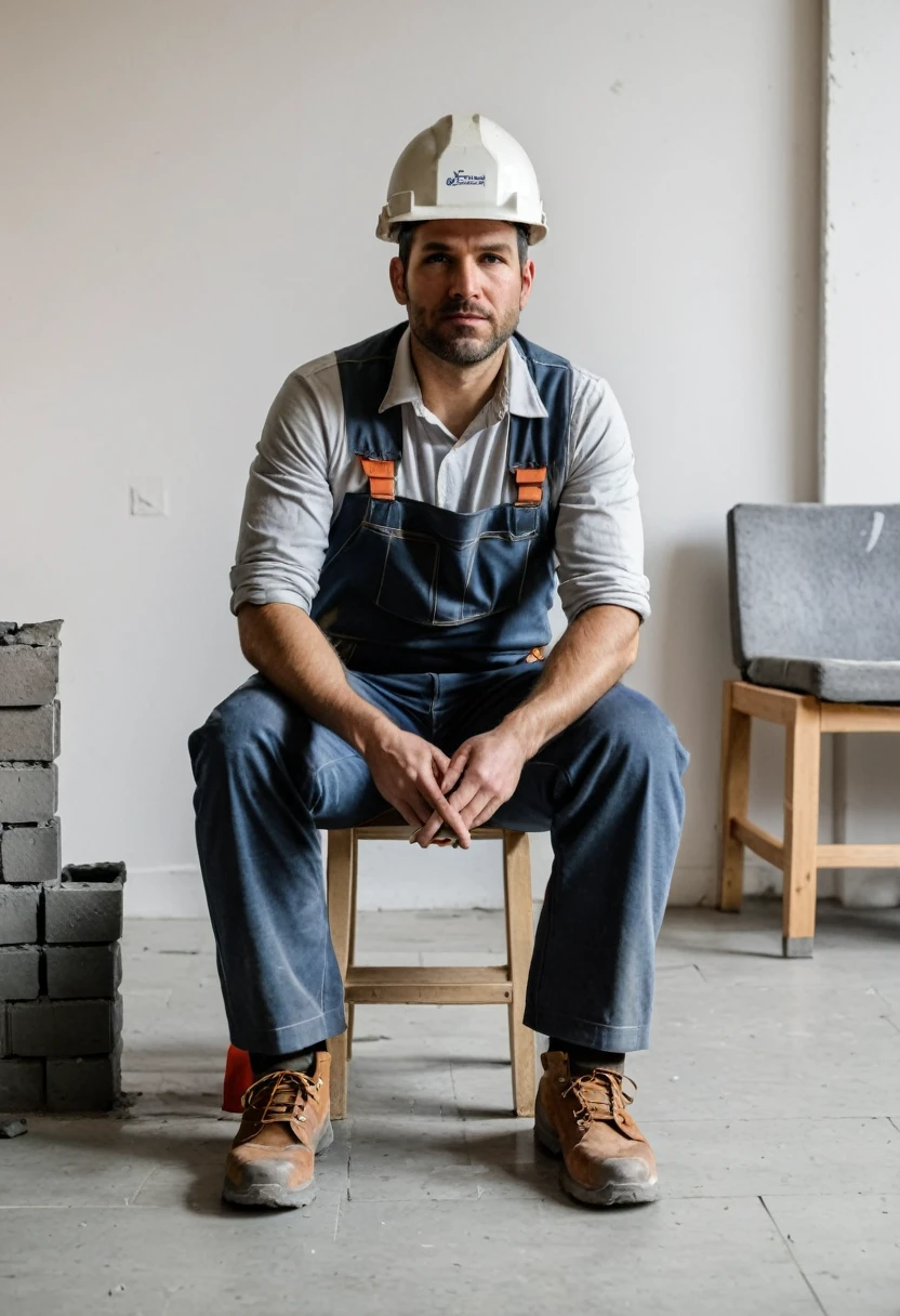 RAW photo, full body, a 35-year-old man, ((dressed as a bricklayer)), is sitting on a guest sofa, looking towards the audience, wearing shoes, with both hands forward on his knees, straight forward position, wearing a safety helmet,