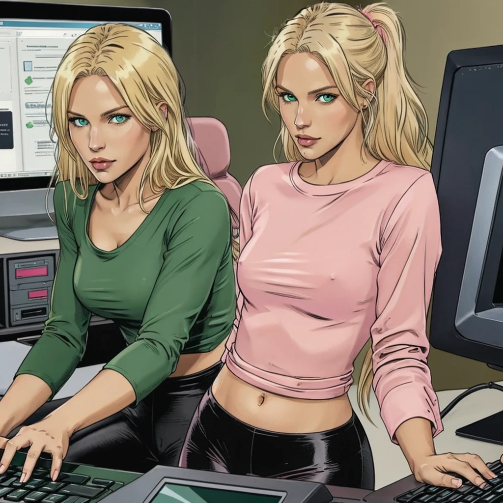 one person, sexy female blond character, green eyes, pink long-sleeve T-shirt, black leggings, playing on computer