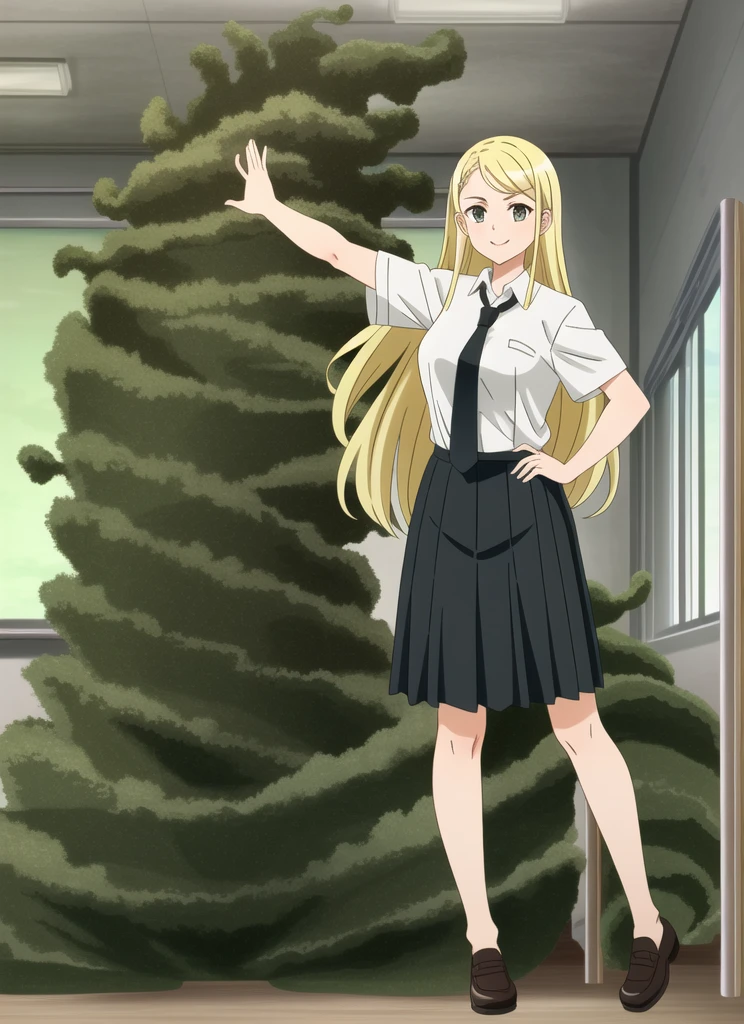 ((1girl ,20s, female,teen))py face,white shirt,short sleeves,(black standard tie),white school skirt,blonde hair,long hair, full body, classroom,(shoggoth),