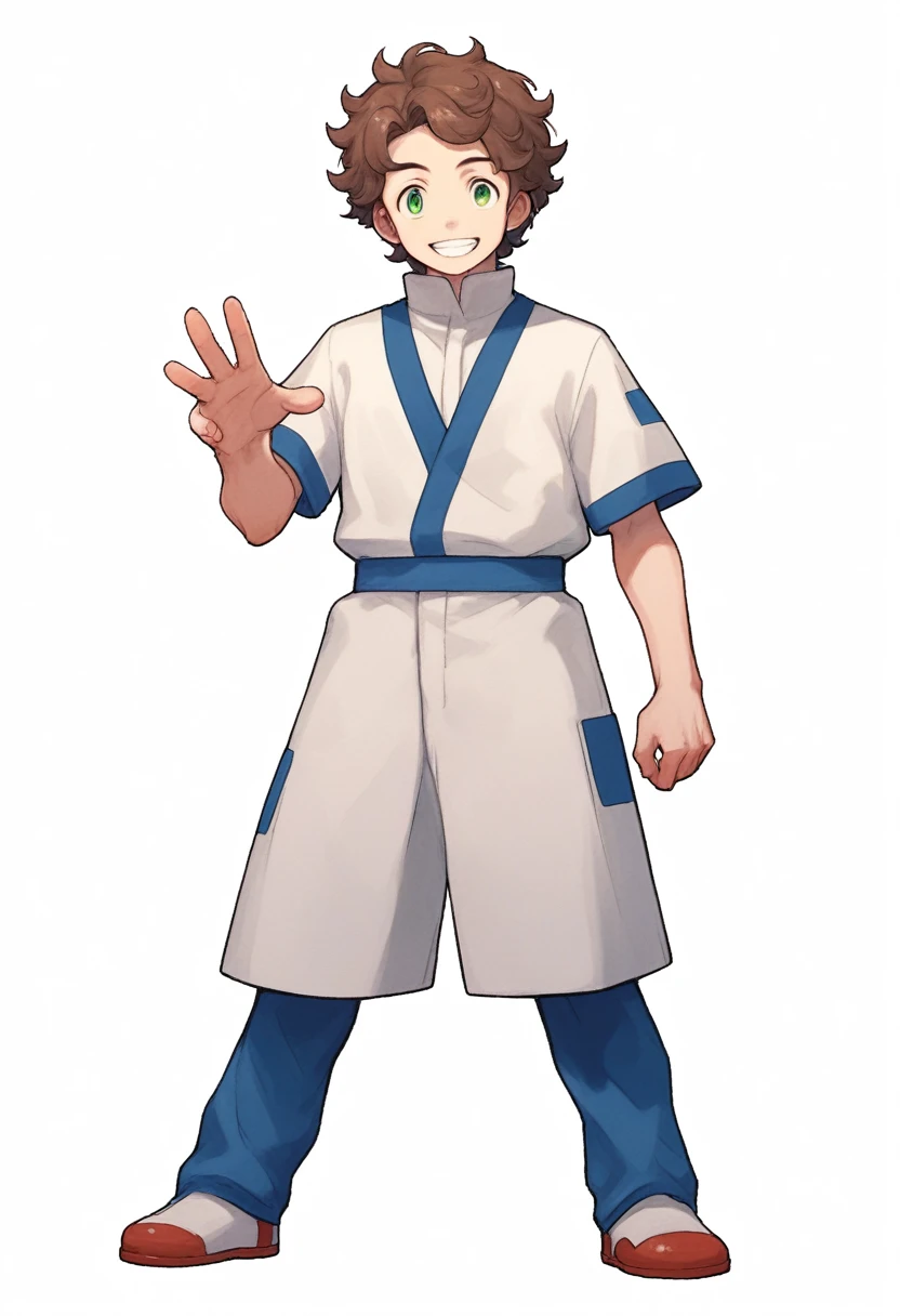 ((((white background)))), simple background, watercolor, 1 boy, standing, smile, curly mid-length hair, brown hair, light skin, green eyes, sufficient, teeth, front view, white outfit with kimonos , score_9, score_8_up, score_7_up, score_6_up, score_5_up, score_4_up, BREAK source_anime, masterpiece