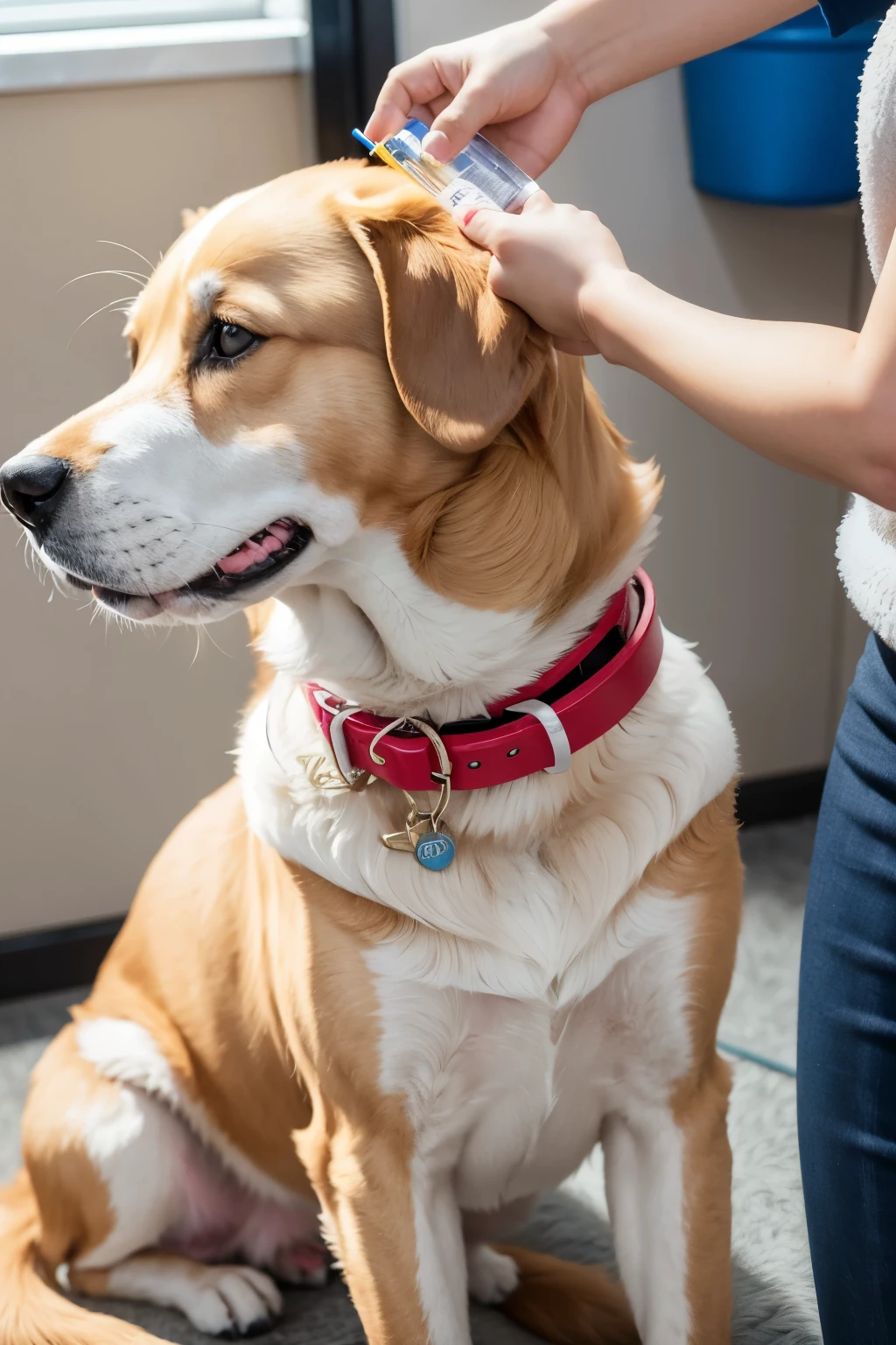 dog getting vaccine with a golden collar