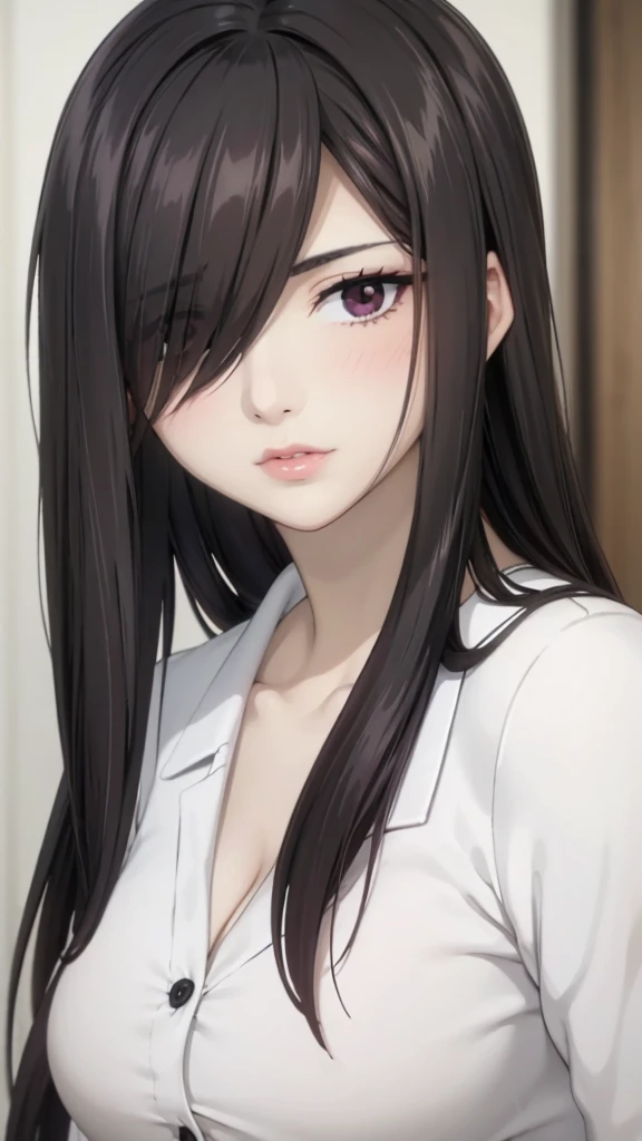 Cute mommy, mature women, realistic skin,perfect ,black hair, long hair, (hair over one eye:1.4), messy hair, hair between eyes, Sexy pajama, chubby,plump,fat,dense pubic hair, extreme pubic hair, Sexy lips, pucker lips,cute shy blush on