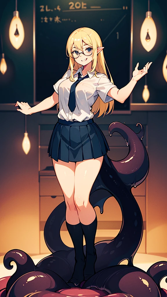 ((1girl ,20s,mature female,)),happy face,white shirt,short sleeves,(black standard tie),white school skirt,blonde hair,long hair, full body, classroom,shoggoth,