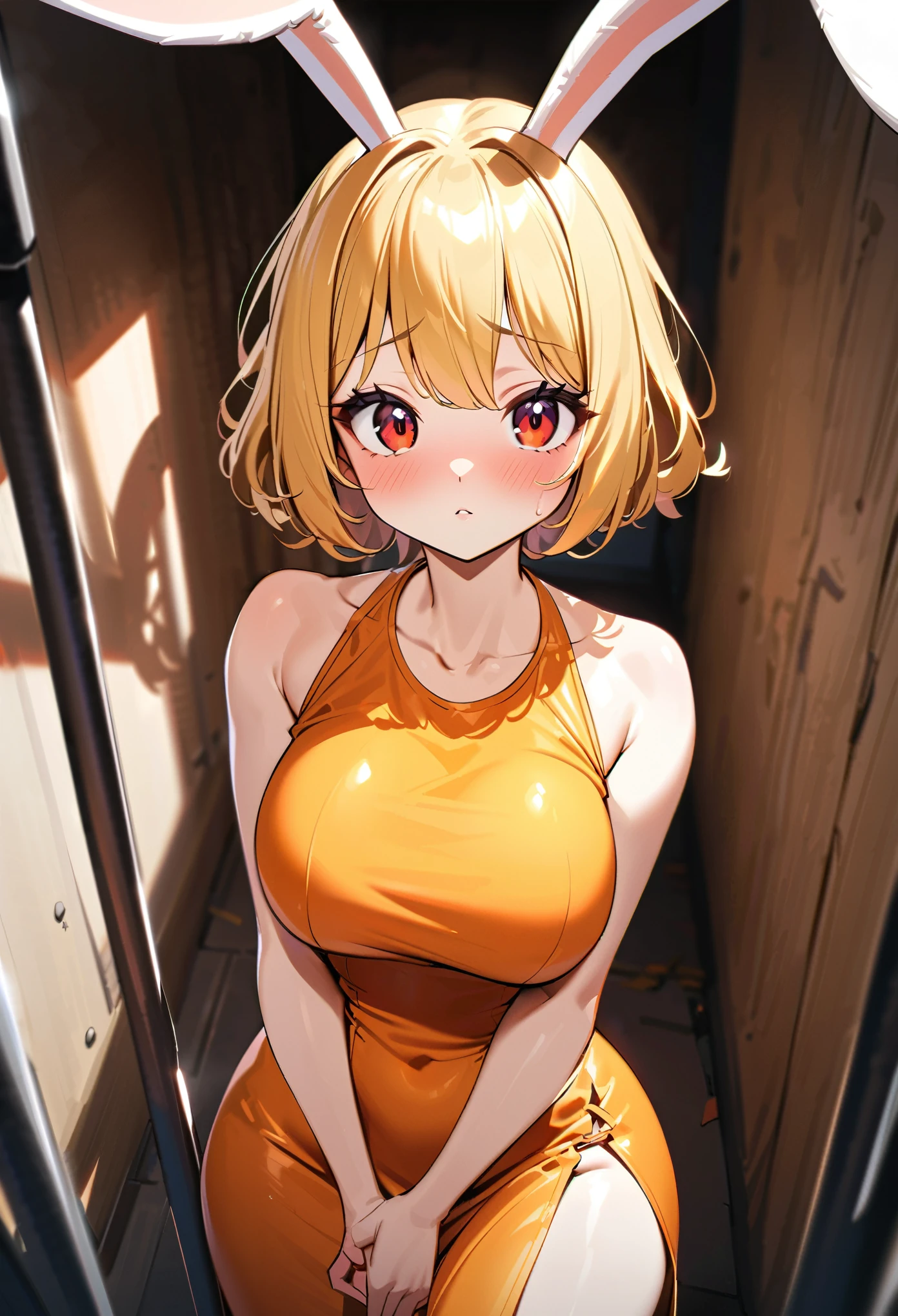 High quality, Natural Volumetric Lighting And Best Shadows, Deep Depth Of Field, Sharp Focus,1girl, Opcarrot, 1girl, blonde hair, large breasts, (rabbit face), short hair, red eyes, orange dress, rabbit ears, rabbit girl, white rabbit ears, white skin, furry, blushed, shy, looking_at_viewer, detailed eyes, side slit dress, orange dress, tight dress, shy pose,jail background, cell background,