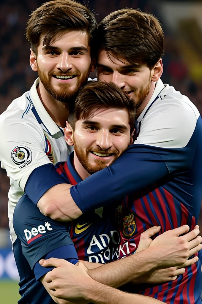 Make a image in which Shaheen afridi and Leo Messi hugging and smiling 