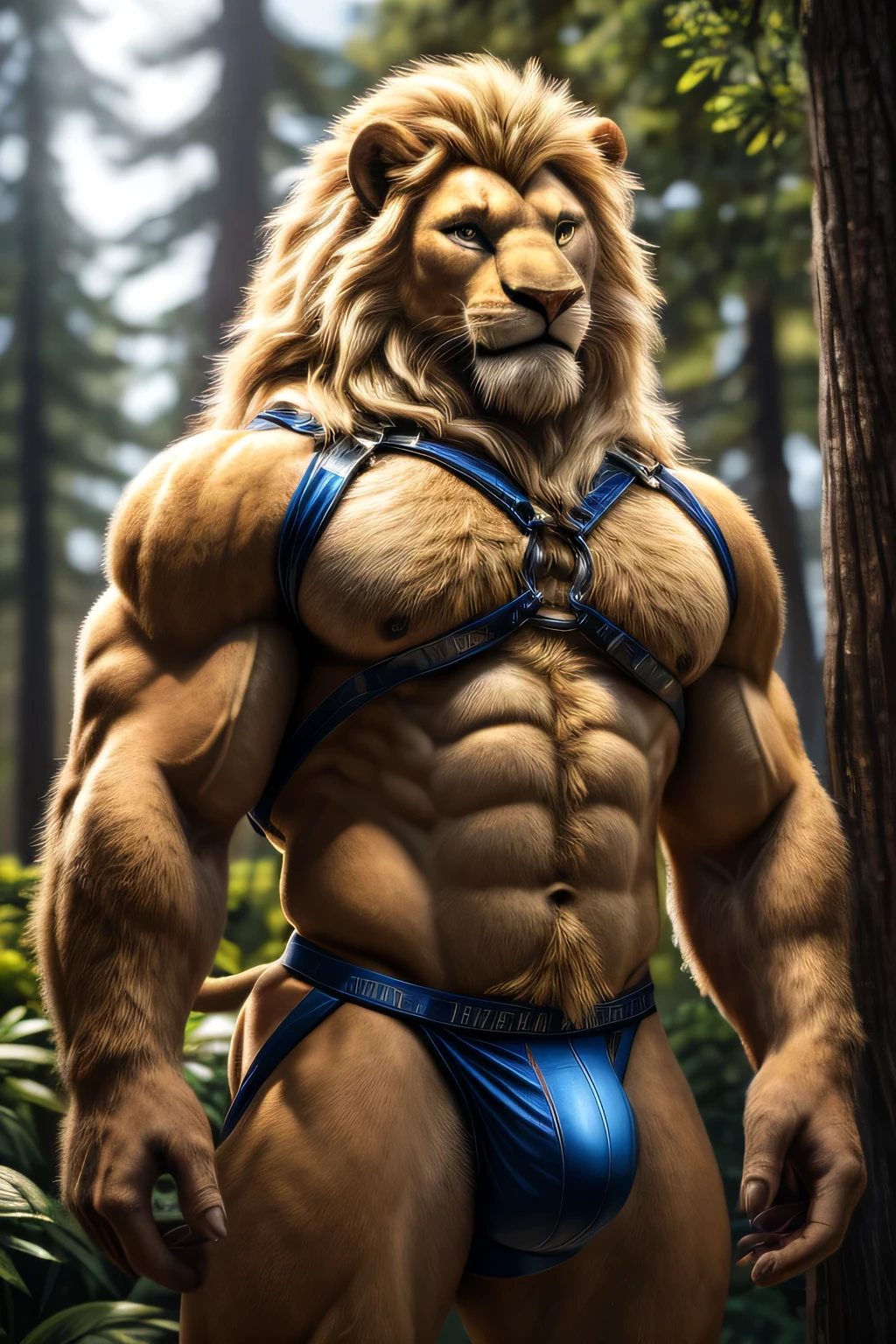 a muscular anthro lion, werelion, a long blonde mane, furry anthro, big muscles, very muscular arms, muscular pectorals, extremely detailed eyes, very hairy body, daddy body, wearing a harness on the chest and tight jockstrap, standing in a large garden with very tall trees, looking directly at the viewer, happy, pose for the camera, (best quality,4k,8k,highres,masterpiece:1.2),ultra-detailed,(realistic,photorealistic,photo-realistic:1.37),HDR,UHD,studio lighting,ultra-fine painting,sharp focus,physically-based rendering,extreme detail description,professional,vivid colors,bokeh,portrait