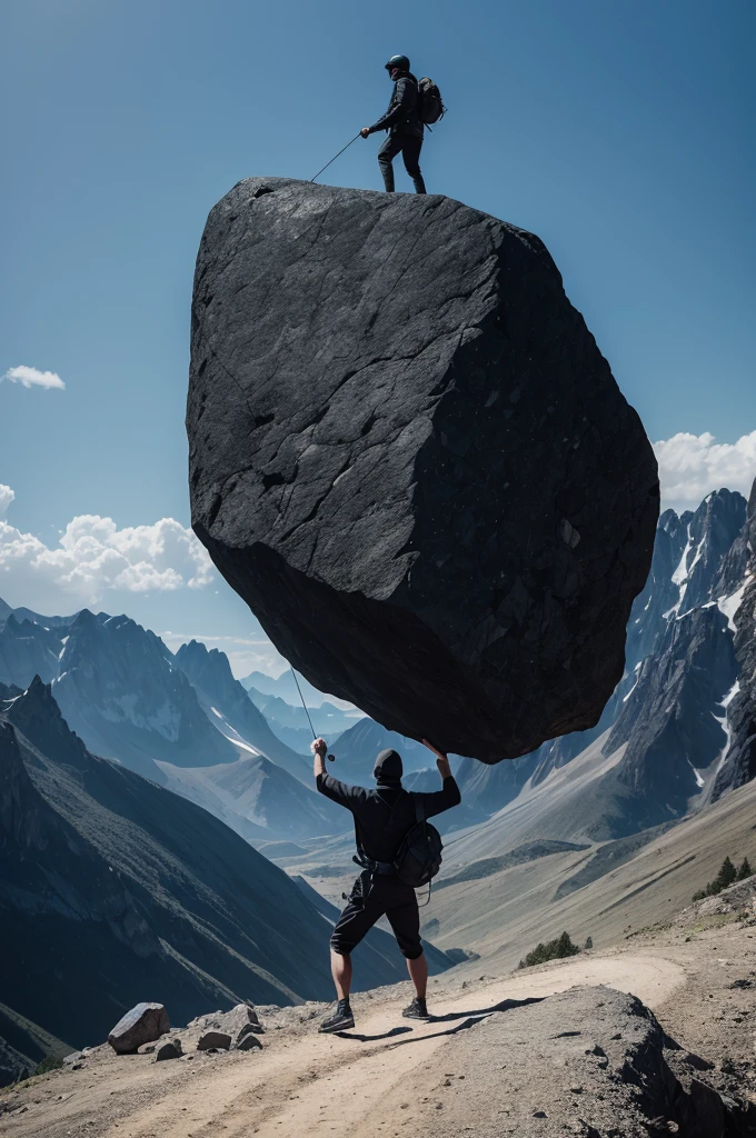 Man carrying a Rock to the top of the mountain,(( 2d image)), ((all black))