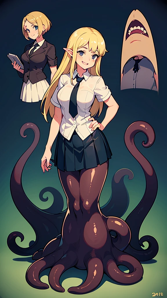 ((1girl ,20s,mature female,)),happy face,white shirt,short sleeves,(black standard tie),white school skirt,blonde hair,long hair, full body, classroom,shoggoth,body horror