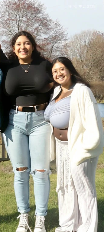 three women standing next to each other in front of a lake, standing next to water, taken in the early 2020s, taken in the late 2000s, with her long, with a figure in the background, very grainy image, full-body-shot, standing in a pond, taken in the late 2010s, very different height body, full body shot, Big tits, huge , no clothes, sexy, cute, wide hips, thick thighs, pear-shaped body, minimal clothes, thick, bbw, chubby stomach, thick nipples, nipple piercings, large areola, hard nipples, piercing through shirt, nipples hard through shirt, chubby stomach showing, tummy spilling over the side, muffin top, panties only, no pants, pants off, stomach too big for panties, small crop top shirt, major cleavage, nipples showing through shirt, very short crop top with fat stomach showing, extremely wide hips, thick hips, hips wide with fat stomach, different height bodies, full body shot, short and tall standing next to each other, mutliple girl full body, two fat girls standing next to each other