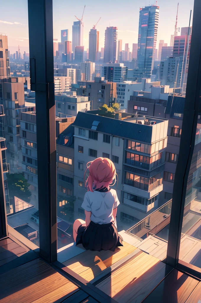 anime girl sitting on a ledge overlooking a cityscape, animated style 4 k, 4k anime wallpaper, animated style. 8k, manga wallpaper 4k, 4k anime wallpaper, 4k anime wallpaper, sits on a roof, Young anime girl, anime art wallpaper 4k, anime art wallpaper 4k, an anime girl, anime art wallpaper 8K