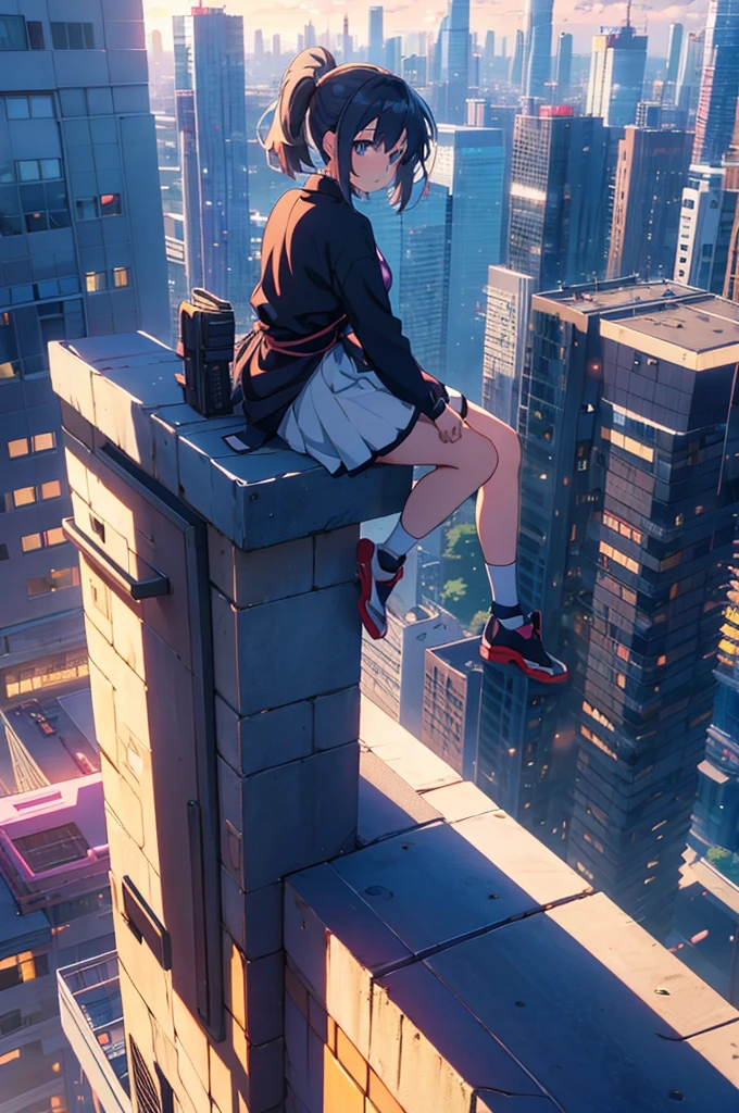 anime girl sitting on a ledge overlooking a cityscape, animated style 4 k, 4k anime wallpaper, animated style. 8k, manga wallpaper 4k, 4k anime wallpaper, 4k anime wallpaper, sits on a roof, Young anime girl, anime art wallpaper 4k, anime art wallpaper 4k, an anime girl, anime art wallpaper 8K