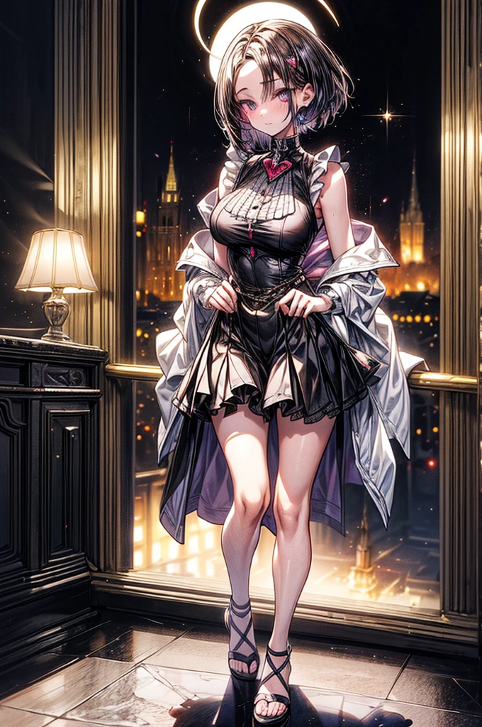 beautiful young anime girl, 16 years old, oval face, slender and toned hourglass body shape, sharp and noble facial features, arrogant and disdainful expression, classy opulent bedroom, sleeveless gothic white ruffled blouse, gothic pleated A-line mini-skirt flaring out behind her, tanned white skin, plump cherry pink lips, thin eyebrows, big round violet-colored eyes, sleek short sleek dark-violet hair with American Pixie cut and small bangs covering her forehead, narrow waist, small wide curvy hips protruding to large perky round ass, sandals, modest C-cup breast size, tall 175cm, full body image, standing straight, looking at camera, hip level shot, huge European castle background, best quality, 8k, ultra-detailed, realistic, photo-realistic, studio lighting, ultra-fine painting, sharp focus, physically-based rendering, professional, vivid colors, bokeh, portraits, fantasy