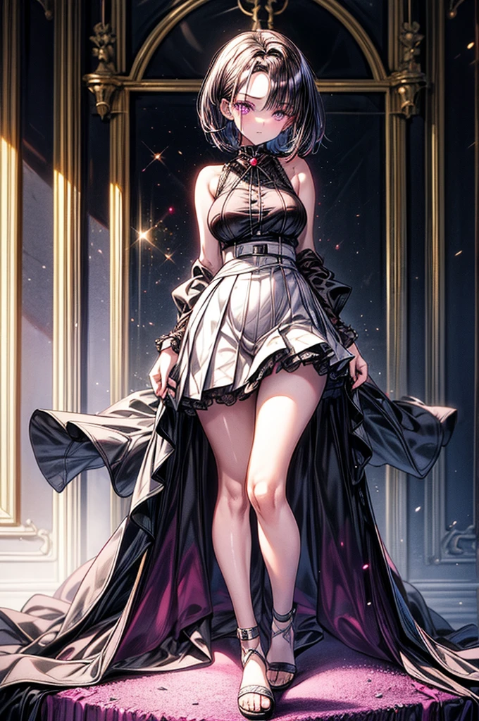 beautiful young anime girl, , oval face, slender and toned hourglass body shape, sharp and noble facial features, arrogant and disdainful expression, classy opulent bedroom, sleeveless gothic white ruffled blouse, gothic pleated A-line mini-skirt flaring out behind her, tanned white skin, plump cherry pink lips, thin eyebrows, big round violet-colored eyes, sleek short sleek dark-violet hair with American Pixie cut and small bangs covering her forehead, narrow waist, small wide curvy hips protruding to large perky round ass, sandals, modest C-cup breast size, tall 175cm, full body image, standing straight, looking at camera, hip level shot, huge European castle background, best quality, 8k, ultra-detailed, realistic, photo-realistic, studio lighting, ultra-fine painting, sharp focus, physically-based rendering, professional, vivid colors, bokeh, portraits, fantasy