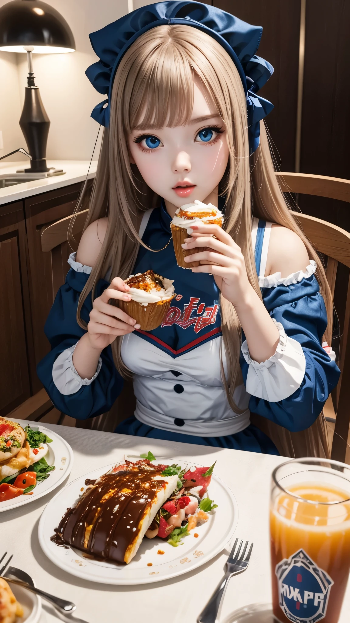 Robot girl woman with beautiful face sitting and eating mukbang .yummy . Lolita. Girl 18.Russian girl.