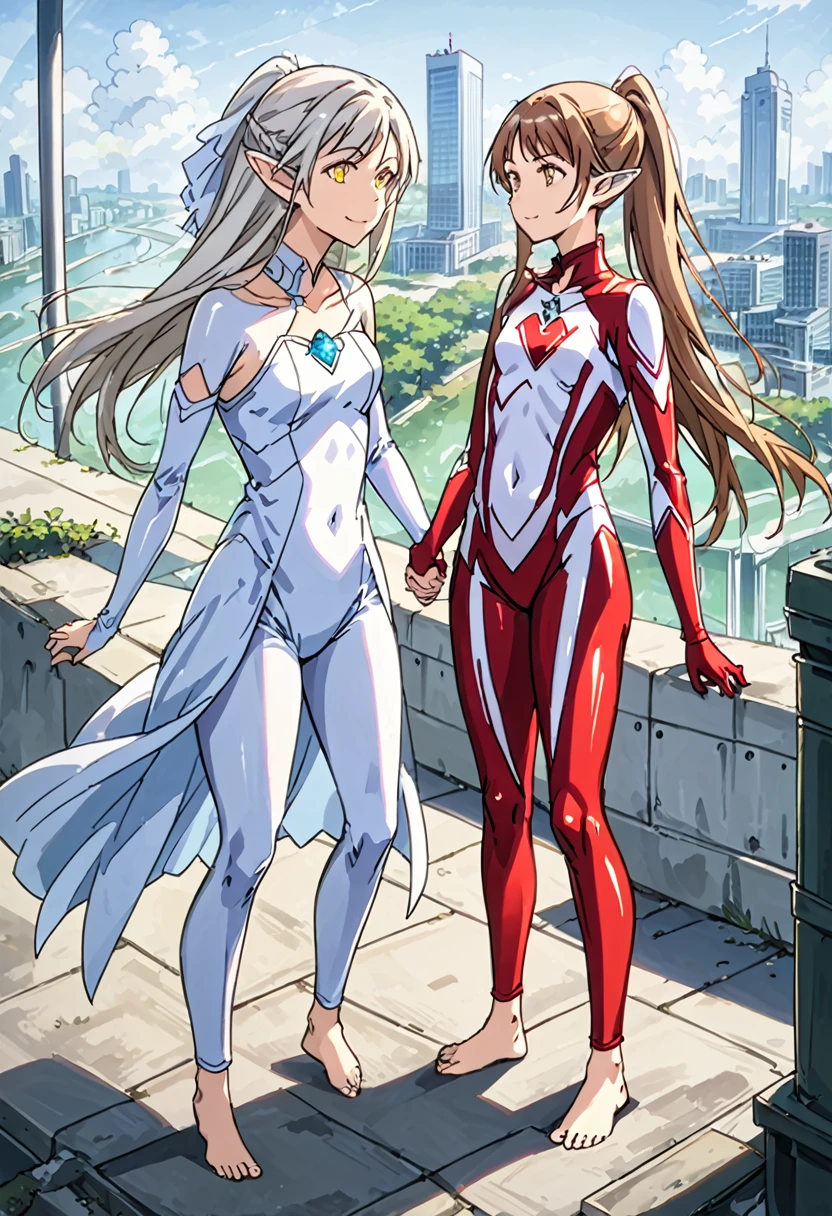 2girls, multiple girls, Two female characters,(mother and daughter:1.3), height difference, anime style, 4k quality, masterpiece, best quality, sword art online, "asuna is mother has white hair height 150cm, pointy ears, elf, ear covers, medium breasts ","yui is daughter has white hair height 120cm, pointy ears, elf, flat chest", high long ponytail, chrome hair, barefoot, collarbone, ultrawoman, ultragirl, bodysuit, shiny suit, tight suit, colored skin, glowing eyes, yellow eyes, giantess, giant, metallic face, metallic skin, shiny skin, chrome skin, gem on chest, colour timer on chest, chest jewel, blue jewel, muscular, thick_thighs, holding hands, full body, smile, closed mouth, standing, giantess, outdoor, city, citycape, skyscraper