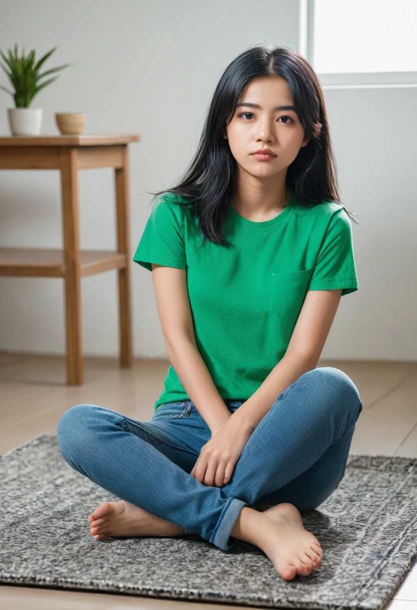 A teenage woman with black hair, green short t-shirt, jeans pants and barefoot, sitting on a rug