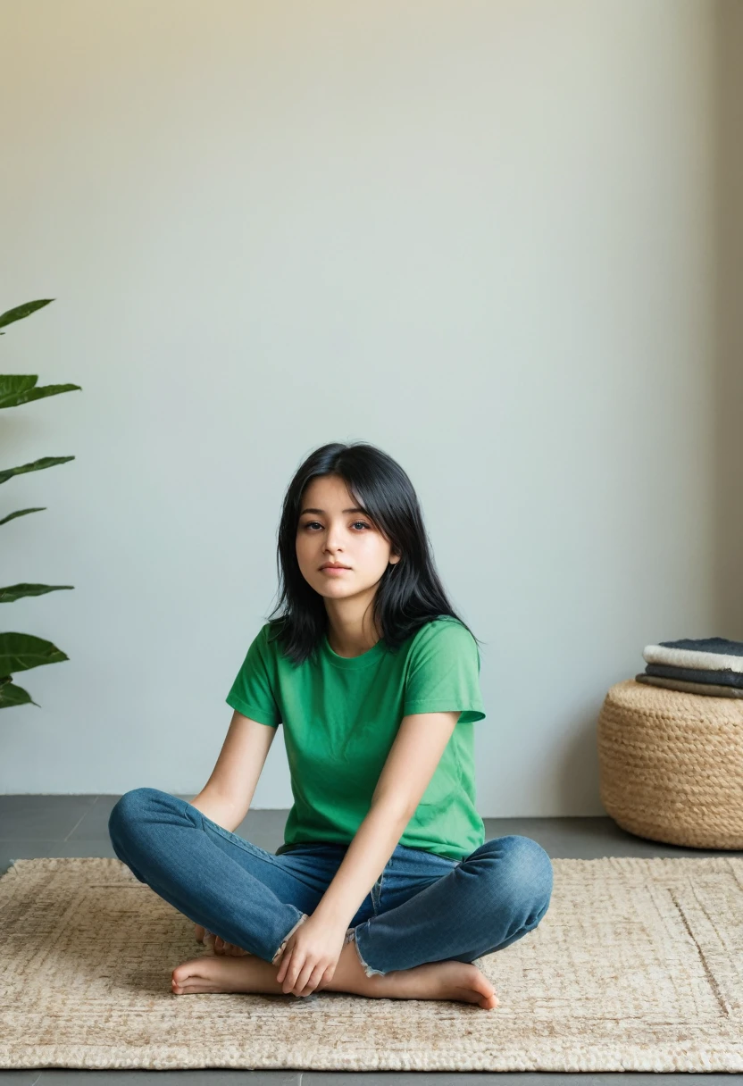 A age woman with black hair, green t-shirt, jeans pants and barefoot, sitting on a rug