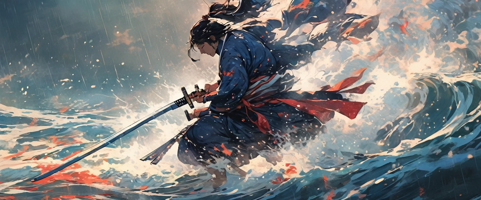 (best qualityer, Ultrathin, Samurai emerging from the water, forcefully splashing water from clothes, a hand holding a Samurai sword, fighting, Evasion, Dodge, realisitic, photo-realisitic:1.37), swirly vibrant colors, sharp focus, bokeh, (fancy:1.2),(Mysterious Landscape), (dynamic pose:1.37), intense gaze, extraordinary power, Mythical power, black and red, rainy daytime, Wounds on the body, splashing water, Japanese style)