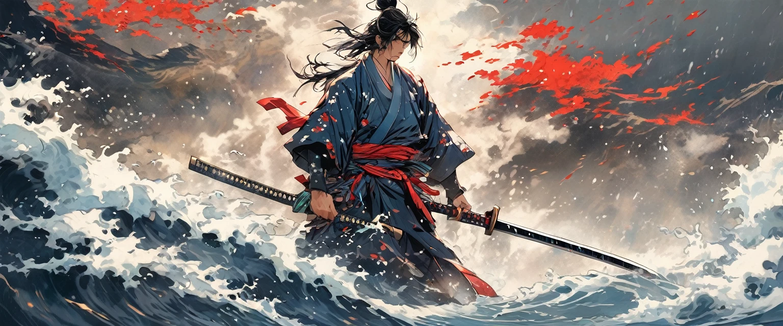 (best qualityer, Ultrathin, Samurai emerging from the water, forcefully splashing water from clothes, a hand holding a Samurai sword, fighting, Evasion, Dodge, realisitic, photo-realisitic:1.37), swirly vibrant colors, sharp focus, bokeh, (fancy:1.2),(Mysterious Landscape), (dynamic pose:1.37), intense gaze, extraordinary power, Mythical power, black and red, rainy daytime, Wounds on the body, splashing water, Japanese style)