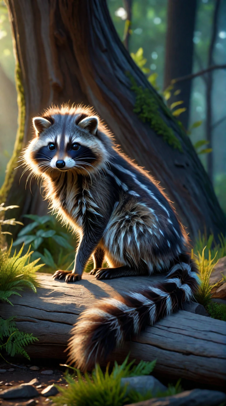 Panorama,Looks like a raccoon cat with long hair,Mysterious Creatures, shrike, (best quality,4K,8K,High level,masterpiece:1.2),Ultra Detailed,(lifelike,Photo real,Photo real:1.37),Highly detailed animals,Complex patterns,Realistic lighting,Fantasy Creatures