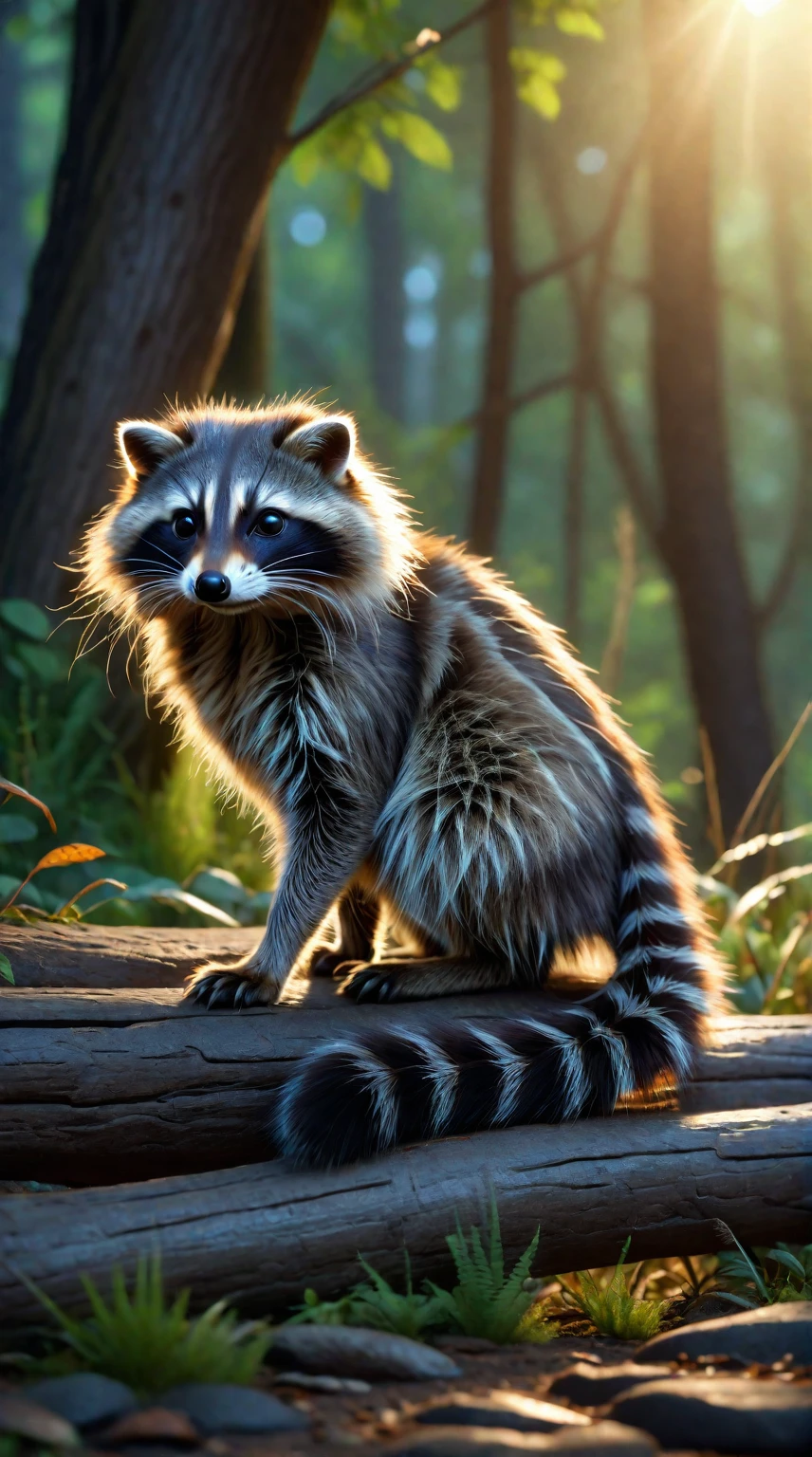 Panorama,Looks like a raccoon cat with long hair,Mysterious Creatures, shrike, (best quality,4K,8K,High level,masterpiece:1.2),Ultra Detailed,(lifelike,Photo real,Photo real:1.37),Highly detailed animals,Complex patterns,Realistic lighting,Fantasy Creatures
