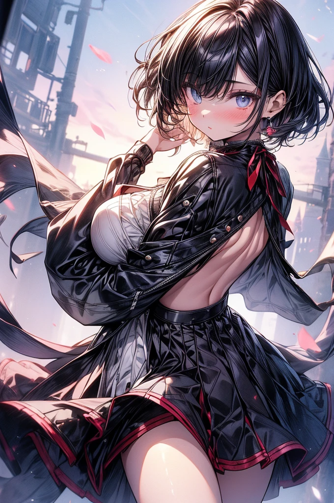 masterpiece, best quality, 1girl, solo, blush, bob-cut, short hair, hair between eyes, ((streetwear clothes)), Gothic Castle, outdoors, night, extremely detailed 8K, smooth, high resolution, ultra quality, cinematic lighting, ambient occlusion, hd, 2k, 4k, 8k, 16k, extremely detailed anime, detailed faces, perfect composition, wide shot, atmospheric lighting, very sexy, lift skirt, random low back angle, uncensored, nsfw, sin censura, white ruffled blouse, pleated A-line skirt, tanned white skin, oval face, plump cherry pink lips, thin eyebrows, big round eyes, bright purple-black hair with a American Pixie cut hairstyle, narrow waist with small curvy hips, sandals, sapphire coloured eyes, modest breast size, thin body