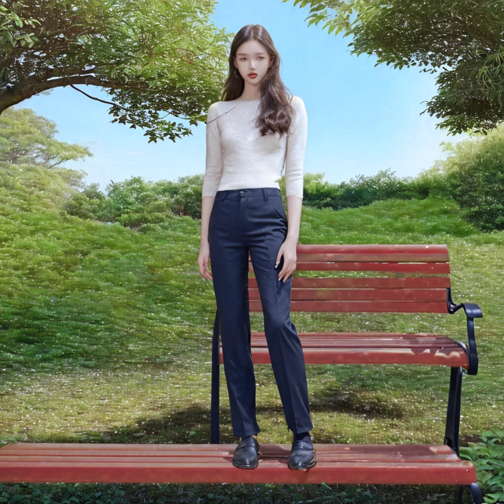 An image of a model wearing the same pants and the same sweater sitting on a bench surrounded by plants and trees with the sky