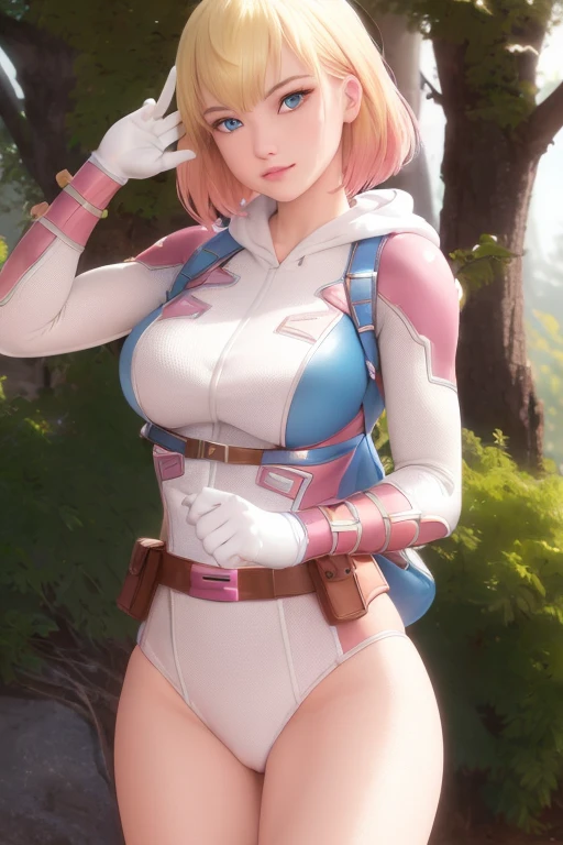 ((ultra quality)), ((masterpiece)), (GwenPool:1), ((blonde hair, multicolored hair, blue eyes)),(superhero, bodysuit, pink leotard, belt, gun, gloves, belt pouch, hood:1), looking at viewer with a snarky grin, expressive, action pose, leaning forward, (dynamic_angle:1), (dynamic_pose:1.2), (masterpiece:1.2), (best quality, highest quality), (ultra detailed), (8k, 4k, intricate),(full body:1), (Cowboy shot:1.2), (50mm), (highly detailed:1.2),(detailed face:1.2), detailed_eyes,(gradients),(ambient light:1.3),(cinematic composition:1.3),(HDR:1),Accent Lighting,extremely detailed,original, highres,(perfect_anatomy:1.2), background: beautiful forest near the river, ((depth of field)), ((high quality clear image)), (clear details), ((high detail)), realistically, professional photo session, ((Clear Focus))
