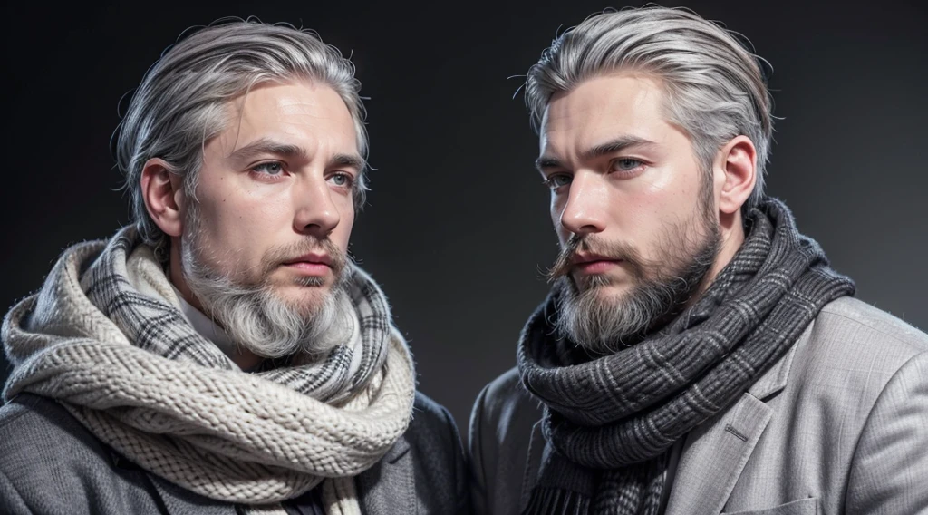 bushy man with beard and scarf, gray hair and beard, dark grey haired man, some grey hair in beard, short white beard, greybeard, silver hair and beard, he has a beard and gray hair, greybeard, well-groomed white beard and hair, white hair and beard, greybeard aparada, midle age man