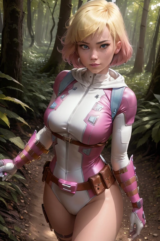 ((ultra quality)), ((masterpiece)), (GwenPool:1), ((blonde hair, multicolored hair, blue eyes)),(superhero, bodysuit, pink leotard, belt, gun, gloves, belt pouch, hood:1), looking at viewer with a snarky grin, expressive, action pose, leaning forward, (dynamic_angle:1), (dynamic_pose:1.2), (masterpiece:1.2), (best quality, highest quality), (ultra detailed), (8k, 4k, intricate),(full body:1), (Cowboy shot:1.2), (50mm), (highly detailed:1.2),(detailed face:1.2), detailed_eyes,(gradients),(ambient light:1.3),(cinematic composition:1.3),(HDR:1),Accent Lighting,extremely detailed,original, highres,(perfect_anatomy:1.2), background: beautiful forest near the river, ((depth of field)), ((high quality clear image)), (clear details), ((high detail)), realistically, professional photo session, ((Clear Focus))
