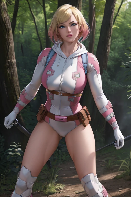 ((ultra quality)), ((masterpiece)), (GwenPool:1), ((blonde hair, multicolored hair, blue eyes)),(superhero, bodysuit, pink leotard, belt, gun, gloves, belt pouch, hood:1), looking at viewer with a snarky grin, expressive, action pose, leaning forward, (dynamic_angle:1), (dynamic_pose:1.2), (masterpiece:1.2), (best quality, highest quality), (ultra detailed), (8k, 4k, intricate),(full body:1), (Cowboy shot:1.2), (50mm), (highly detailed:1.2),(detailed face:1.2), detailed_eyes,(gradients),(ambient light:1.3),(cinematic composition:1.3),(HDR:1),Accent Lighting,extremely detailed,original, highres,(perfect_anatomy:1.2), background: beautiful forest near the river, ((depth of field)), ((high quality clear image)), (clear details), ((high detail)), realistically, professional photo session, ((Clear Focus))
