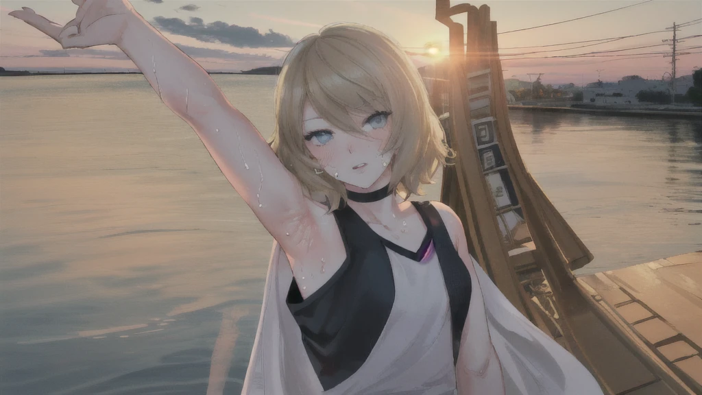 selfie ,Taylor swift at party, sunset in background, (skin textures:0.9) . f8.0,shot by iphone 4, light, golden hour, Blue eyes , natural features, armpits textures, looking at the camera ,arms up showing Sweaty armpits,low light,2000's old photo,poor lighting, real life photo