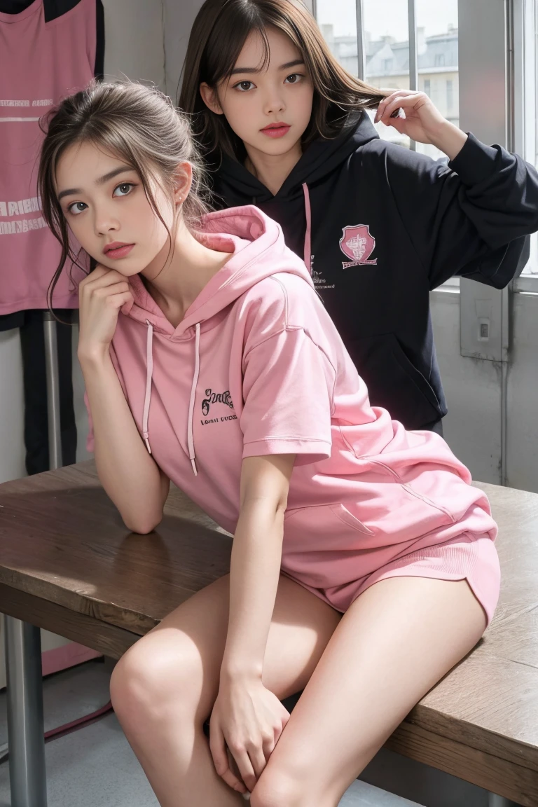 deux femmes ensemble de 18 ans sexy et mince , pink short sleeve hoodie , salle de classe, se touche,position sey,sensuel