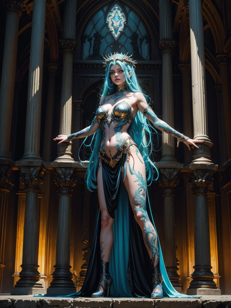 's, gothic art, lightand shade contrast, Standing painting, estimate, holland angle, emphasis lines, tmasterpiece, acurate, Anatomically correct, A high resolution, Best quality at best, super detailing, Award-Awarded,D14bl0 style medusa,, (4 arms), greek myth, Lamia,, Epic war fantasy digital art,(greg rutkovsky:0.8), (cyan and orange:0.4),People drawing, Standing painting