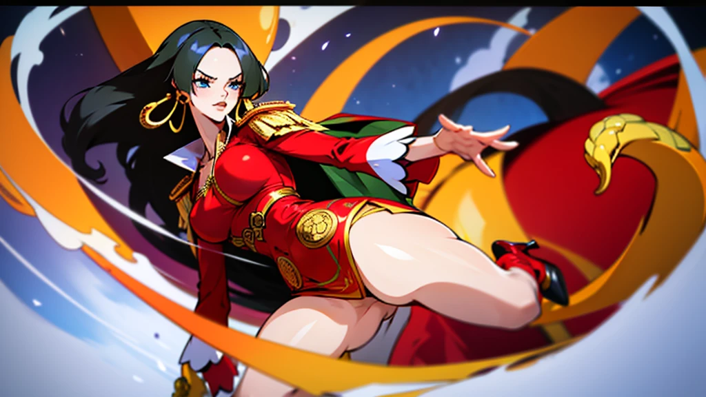 She is a very tall woman, thin and with long black hair that extends to her hips with strands of hair that frame her face, breasts big, raised head, blue eyes with voluminous eyelashes. Like most of the women in the series, she has a narrow waist. Its three measurements are: B111-W61-H91. She wears a revealing red blouse that shows a lot of her breasts and a loose skirt that exposes her long, slender legs., with the green symbol of a flower adorned on it, along with a white cape bearing epaulettes more commonly found on the jackets of senior Navy personnel, and red high heels. With all your clothes, she has been wearing a pair of gold earrings that resemble snakes and high heel shoes.