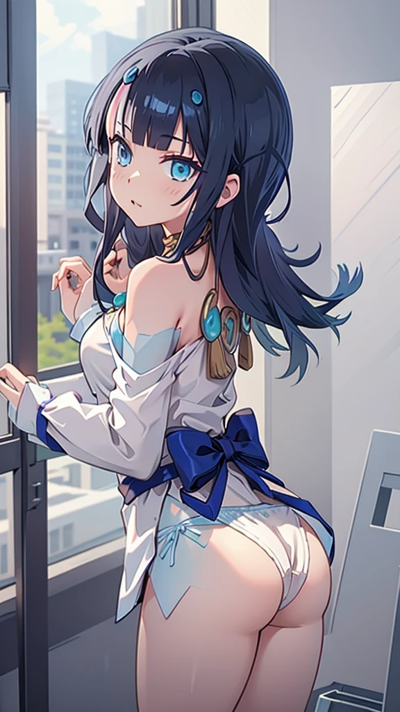 アングル、後ろから、Without skirt、Blue Panties、Panties in full view、In underwear、(masterpiece, best quality), 1girl, utsumiericeFA,long sleeves, bare shoulders, jewelry, puffy sleeves, necklace, white dress, streaked hair, short dress, blue ribbon, puffy long sleeves,magatama,
