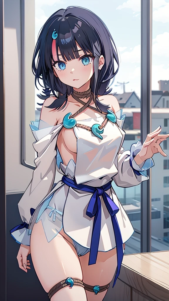 アングル、後ろから、Without skirt、Blue Panties、Panties in full view、In underwear、(masterpiece, best quality), 1girl, utsumiericeFA,long sleeves, bare shoulders, jewelry, puffy sleeves, necklace, white dress, streaked hair, short dress, blue ribbon, puffy long sleeves,magatama,