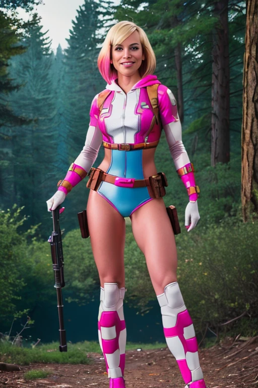 ((ultra quality)), ((masterpiece)), (GwenPool:1), ((blonde hair, multicolored hair, blue eyes)),(superhero, bodysuit, pink leotard, belt, gun, gloves, belt pouch, hood:1), looking at viewer with a snarky grin, expressive, action pose, leaning forward, (dynamic_angle:1), (dynamic_pose:1.2), (masterpiece:1.2), (best quality, highest quality), (ultra detailed), (8k, 4k, intricate),(full body:1), (Cowboy shot:1.2), (50mm), (highly detailed:1.2),(detailed face:1.2), detailed_eyes,(gradients),(ambient light:1.3),(cinematic composition:1.3),(HDR:1),Accent Lighting,extremely detailed,original, highres,(perfect_anatomy:1.2), background: beautiful forest near the river, ((depth of field)), ((high quality clear image)), (clear details), ((high detail)), realistically, professional photo session, ((Clear Focus))